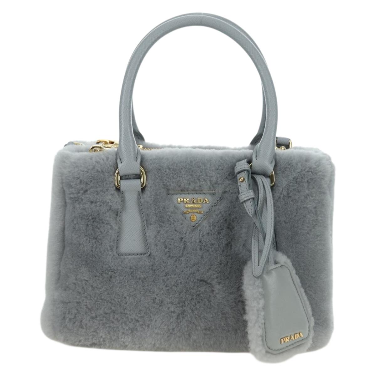 PRADA MONTONE Faux Fur Galleria Shoulder Bag Fur 2way Gray Gold Auth ki6631M