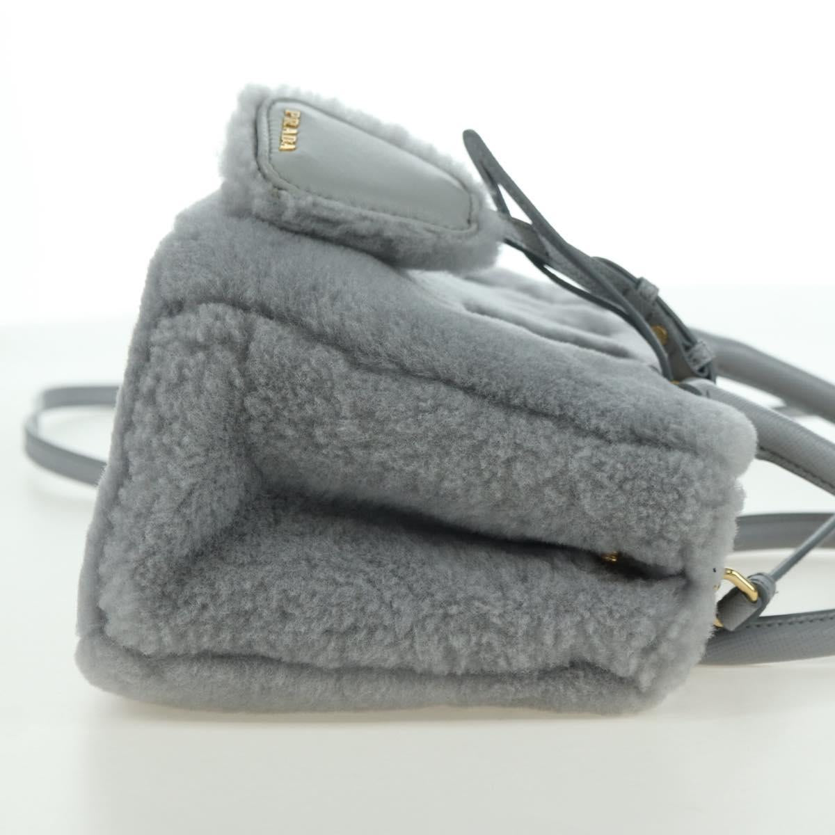 PRADA MONTONE Faux Fur Galleria Shoulder Bag Fur 2way Gray Gold Auth ki6631M