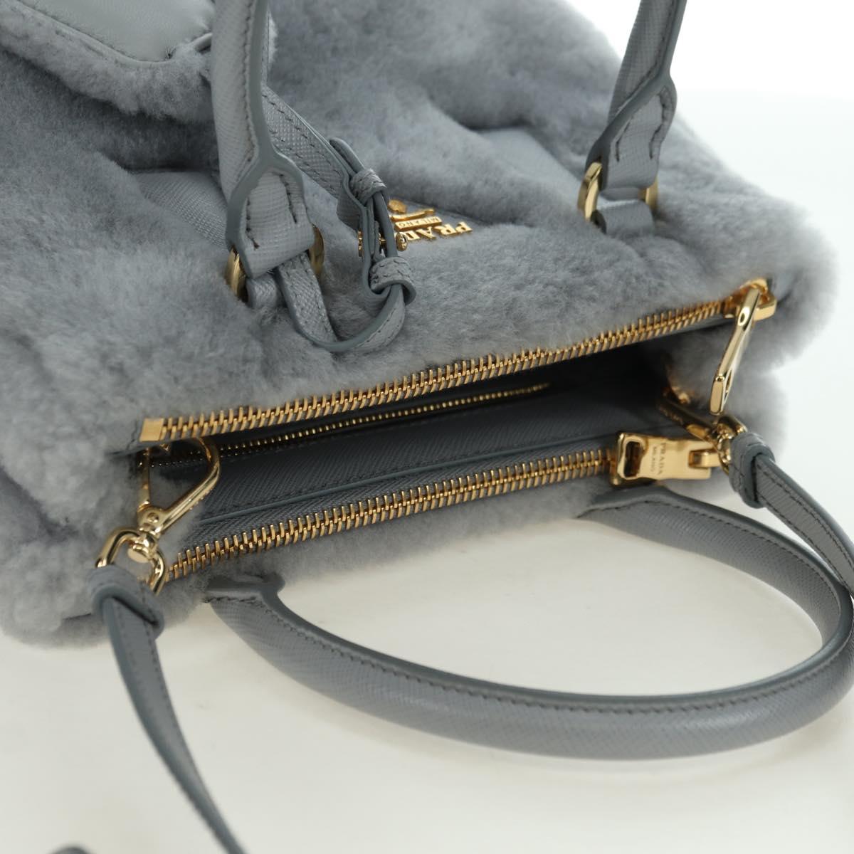 PRADA MONTONE Faux Fur Galleria Shoulder Bag Fur 2way Gray Gold Auth ki6631M