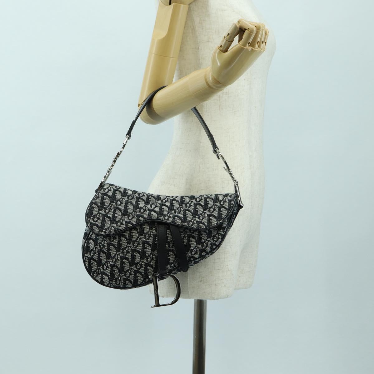 Christian Dior Trotter Canvas Saddle Bag Hand Bag Black Silver Auth ki6640M