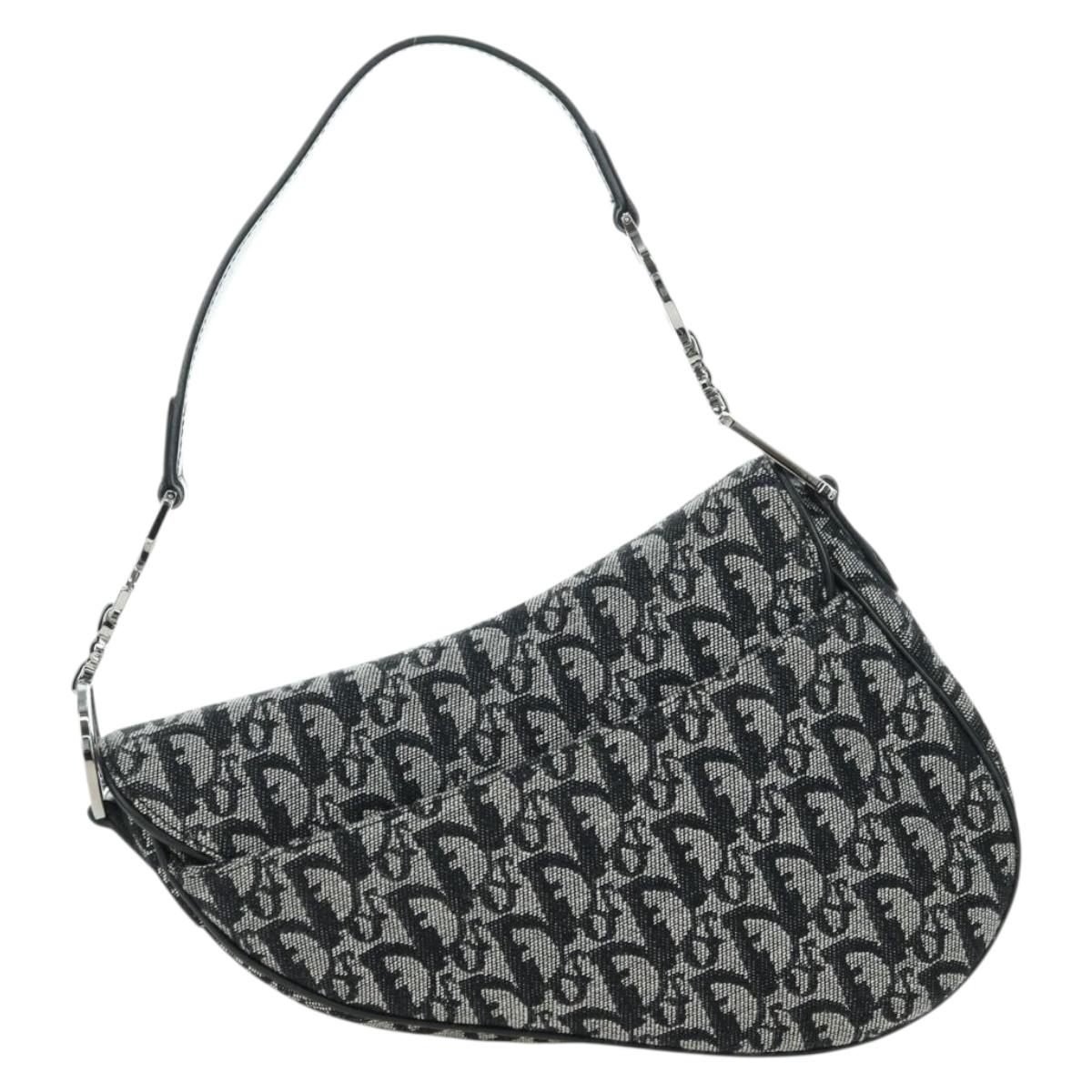 Christian Dior Trotter Canvas Saddle Bag Hand Bag Black Silver Auth ki6640M