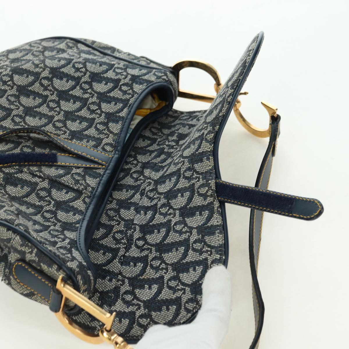 Christian Dior Trotter Canvas Saddle Bag Hand Bag Navy Gold Auth ki6641SV