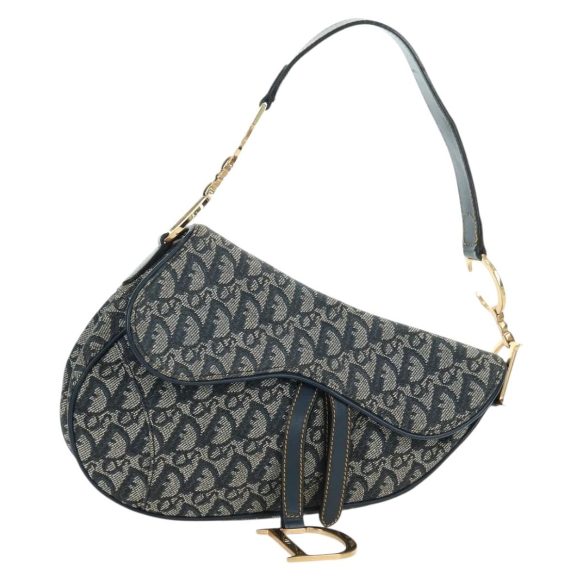 Christian Dior Trotter Canvas Saddle Bag Hand Bag Navy Gold Auth ki6641SV