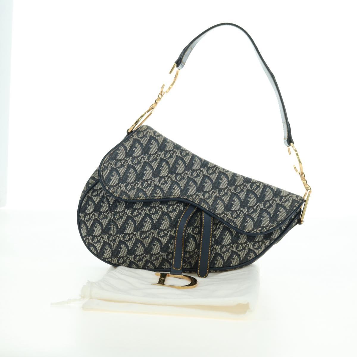 Christian Dior Trotter Canvas Saddle Bag Hand Bag Navy Gold Auth ki6641SV