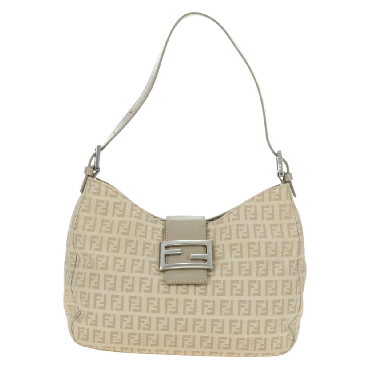FENDI Zucchino Canvas Mamma Baguette Shoulder Bag Beige Silver Auth ki6644SAV