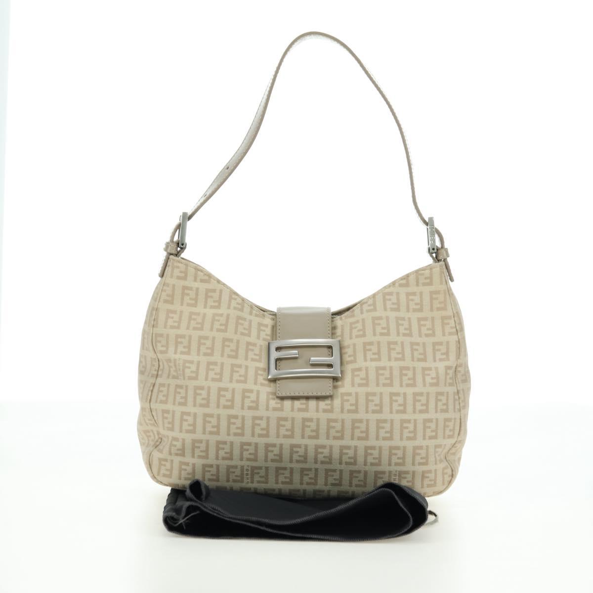 FENDI Zucchino Canvas Mamma Baguette Shoulder Bag Beige Silver Auth ki6644SAV