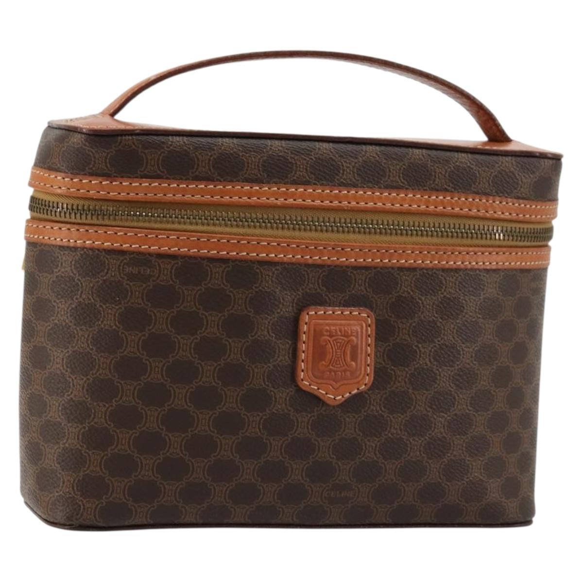 CELINE Macadam Canvas Vanity Hand Bag PVC Leather Brown Gold Auth ki6647
