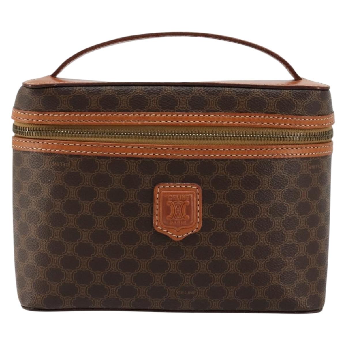 CELINE Macadam Canvas Vanity Hand Bag PVC Leather Brown Gold Auth ki6647