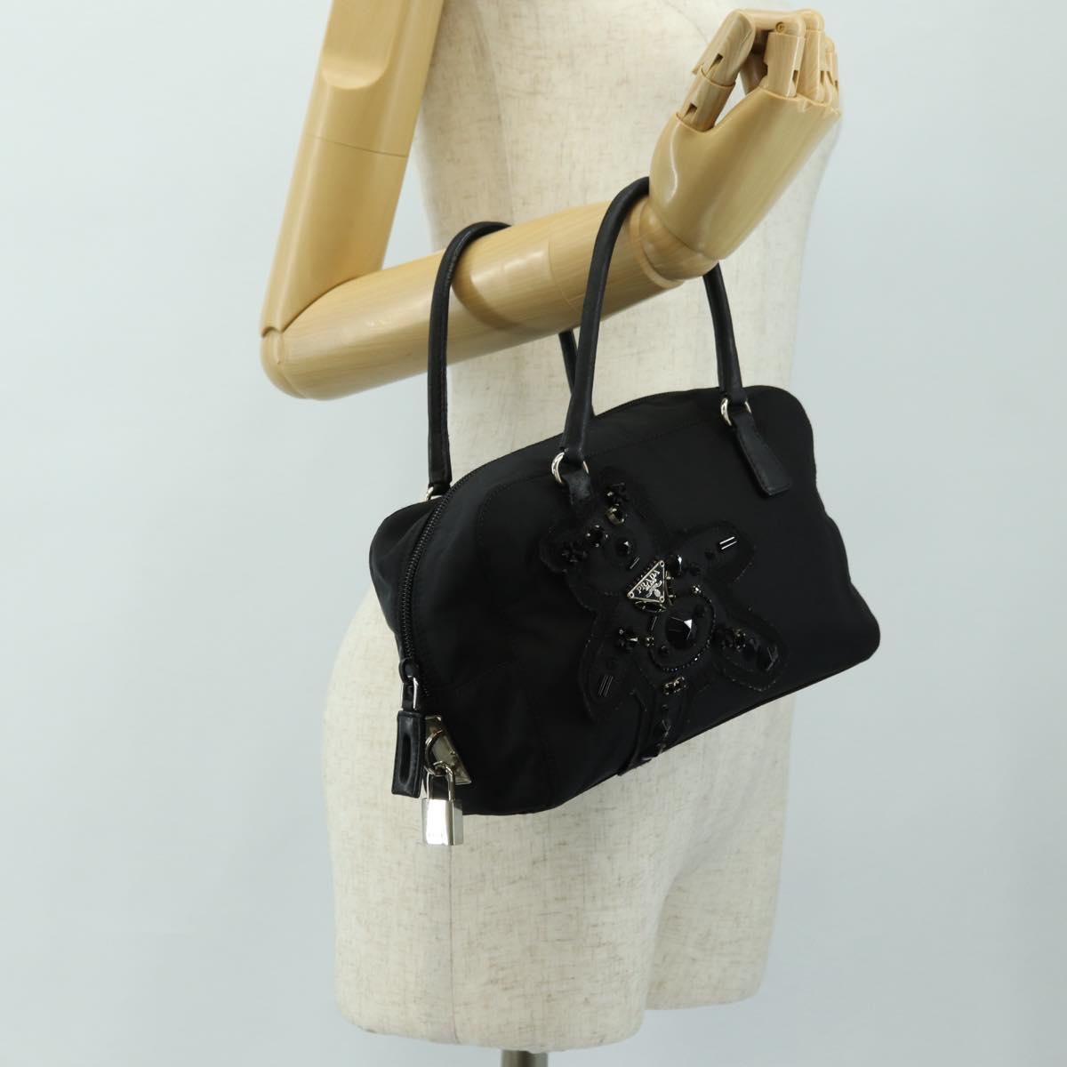 PRADA Hand Bag Nylon Black Silver Auth ki6652SM