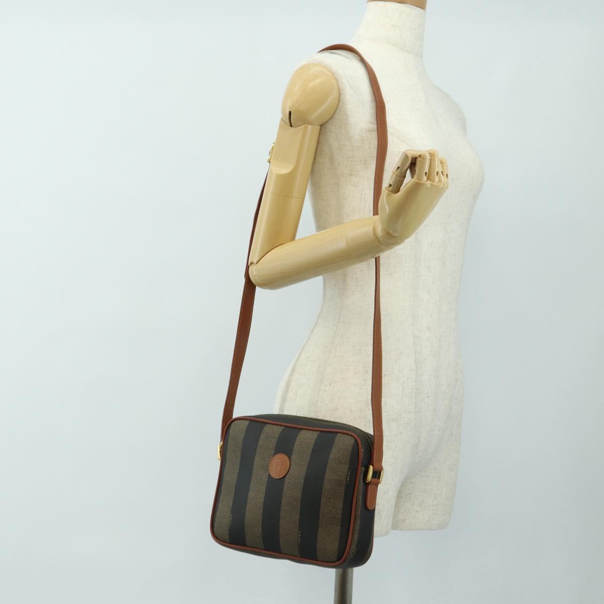 FENDI Pecan Canvas Shoulder Bag PVC Brown Black Auth ki6658V