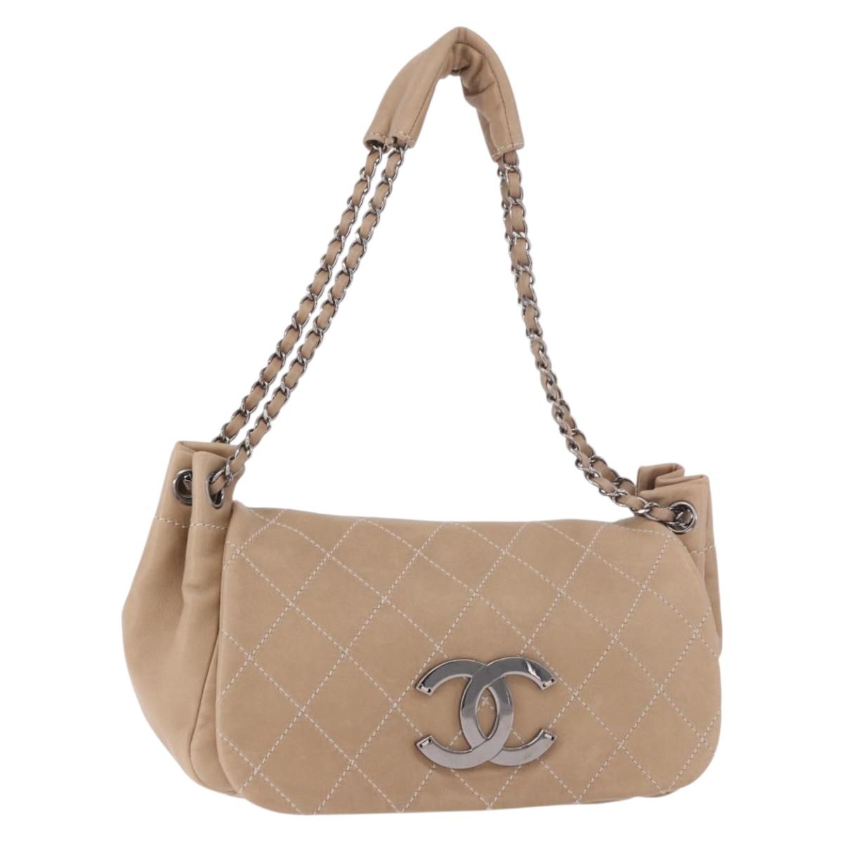 CHANEL Wild Stitch Chain Shoulder Bag Leather Beige Silver CC Auth ki6666V