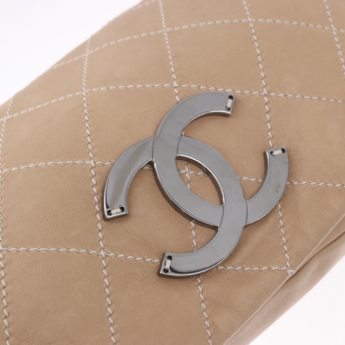 CHANEL Wild Stitch Chain Shoulder Bag Leather Beige Silver CC Auth ki6666V