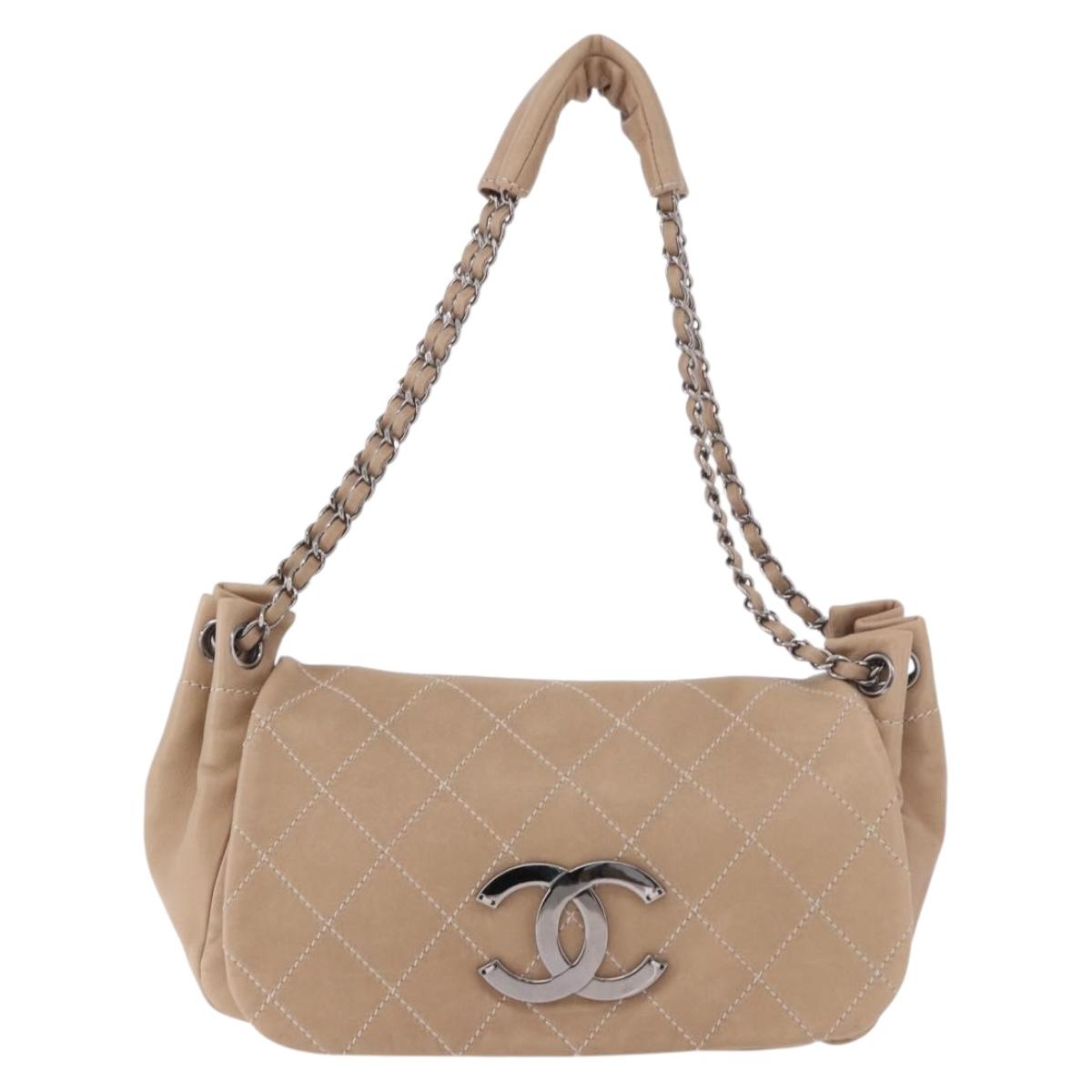 CHANEL Wild Stitch Chain Shoulder Bag Leather Beige Silver CC Auth ki6666V