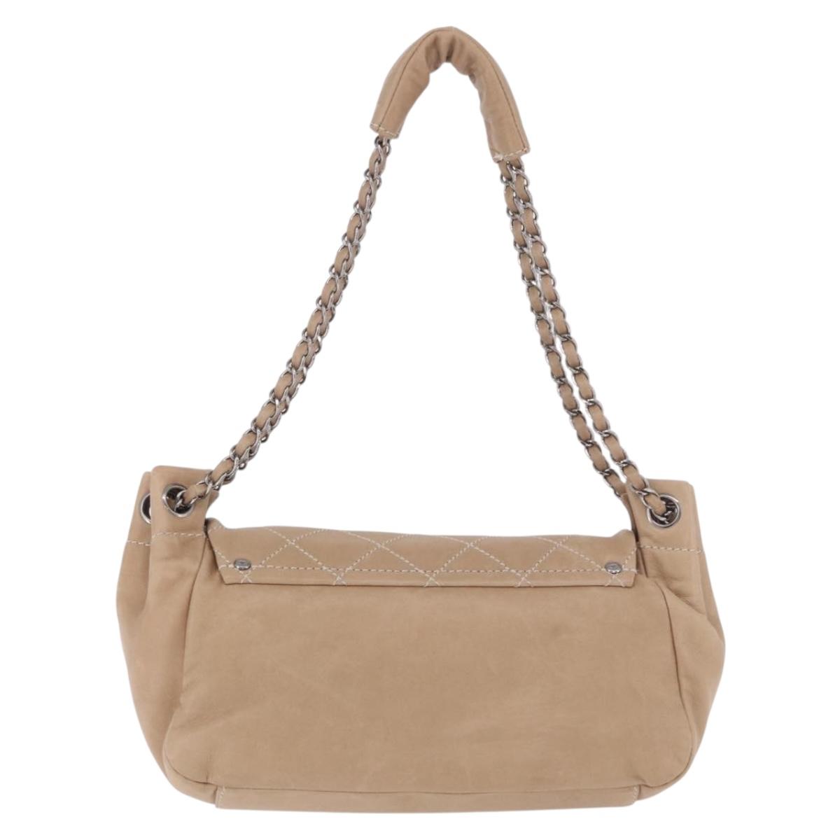 CHANEL Wild Stitch Chain Shoulder Bag Leather Beige Silver CC Auth ki6666V