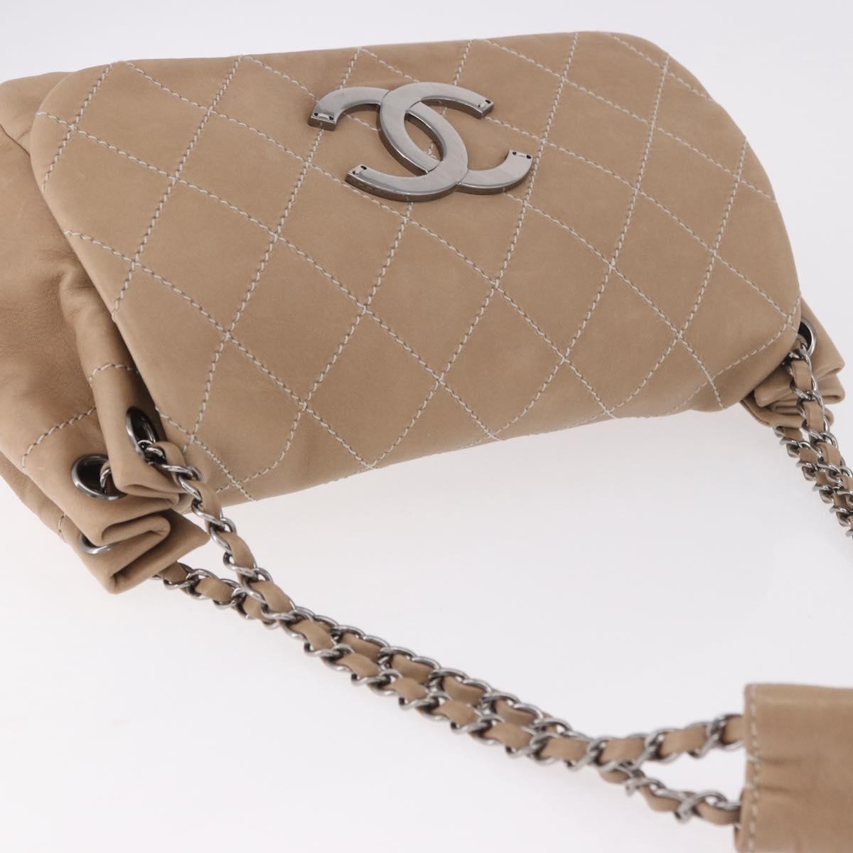 CHANEL Wild Stitch Chain Shoulder Bag Leather Beige Silver CC Auth ki6666V