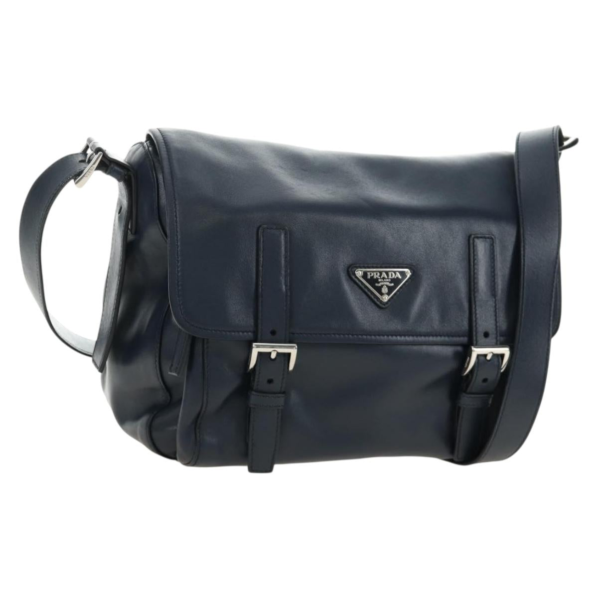 PRADA Shoulder Bag Leather Navy Silver Auth ki6667SAM