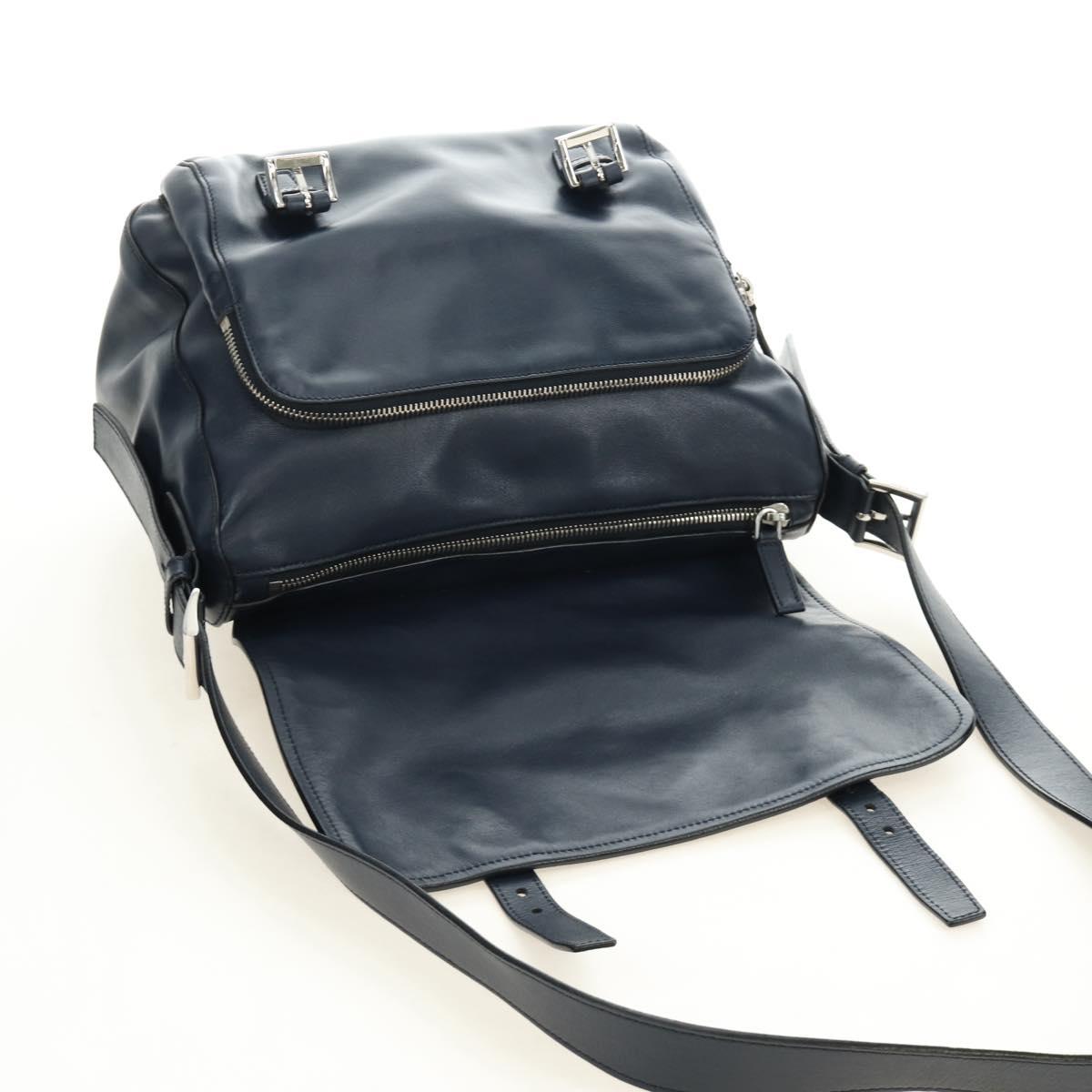 PRADA Shoulder Bag Leather Navy Silver Auth ki6667SAM