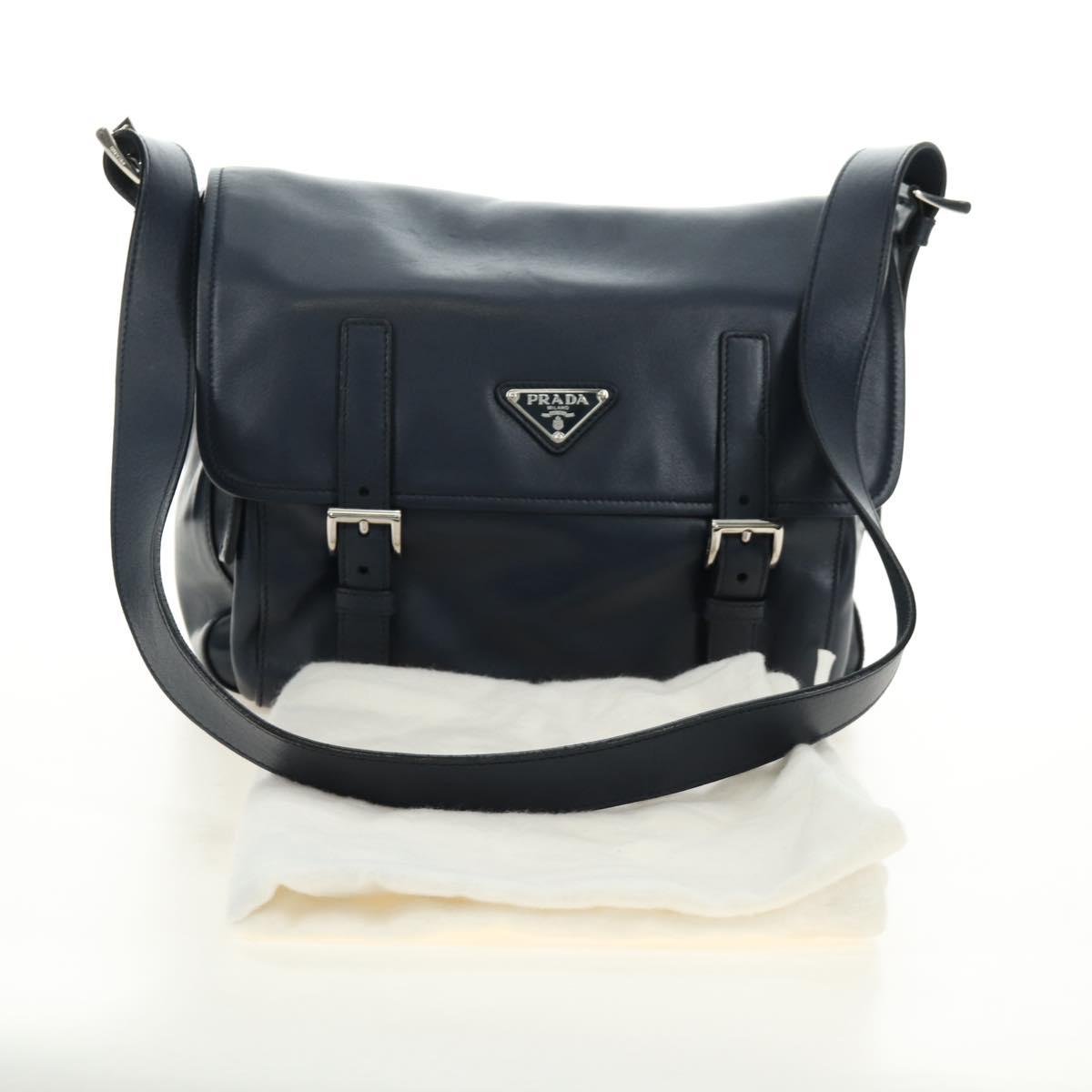 PRADA Shoulder Bag Leather Navy Silver Auth ki6667SAM