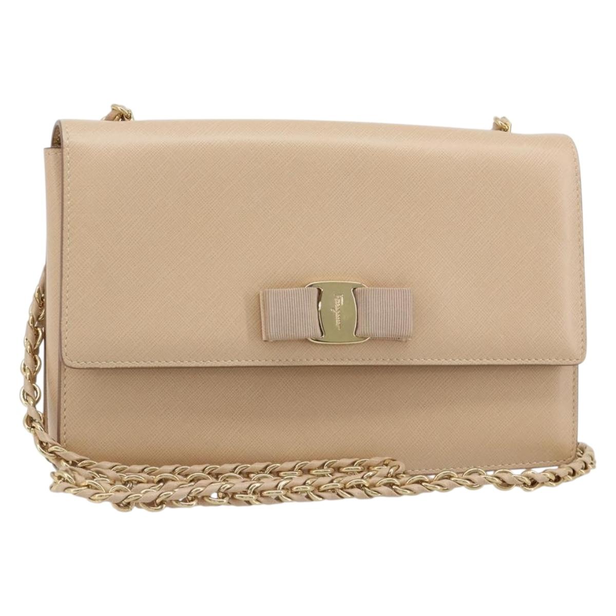 Salvatore Ferragamo Chain Shoulder Bag Leather Beige Gold Auth ki6669V