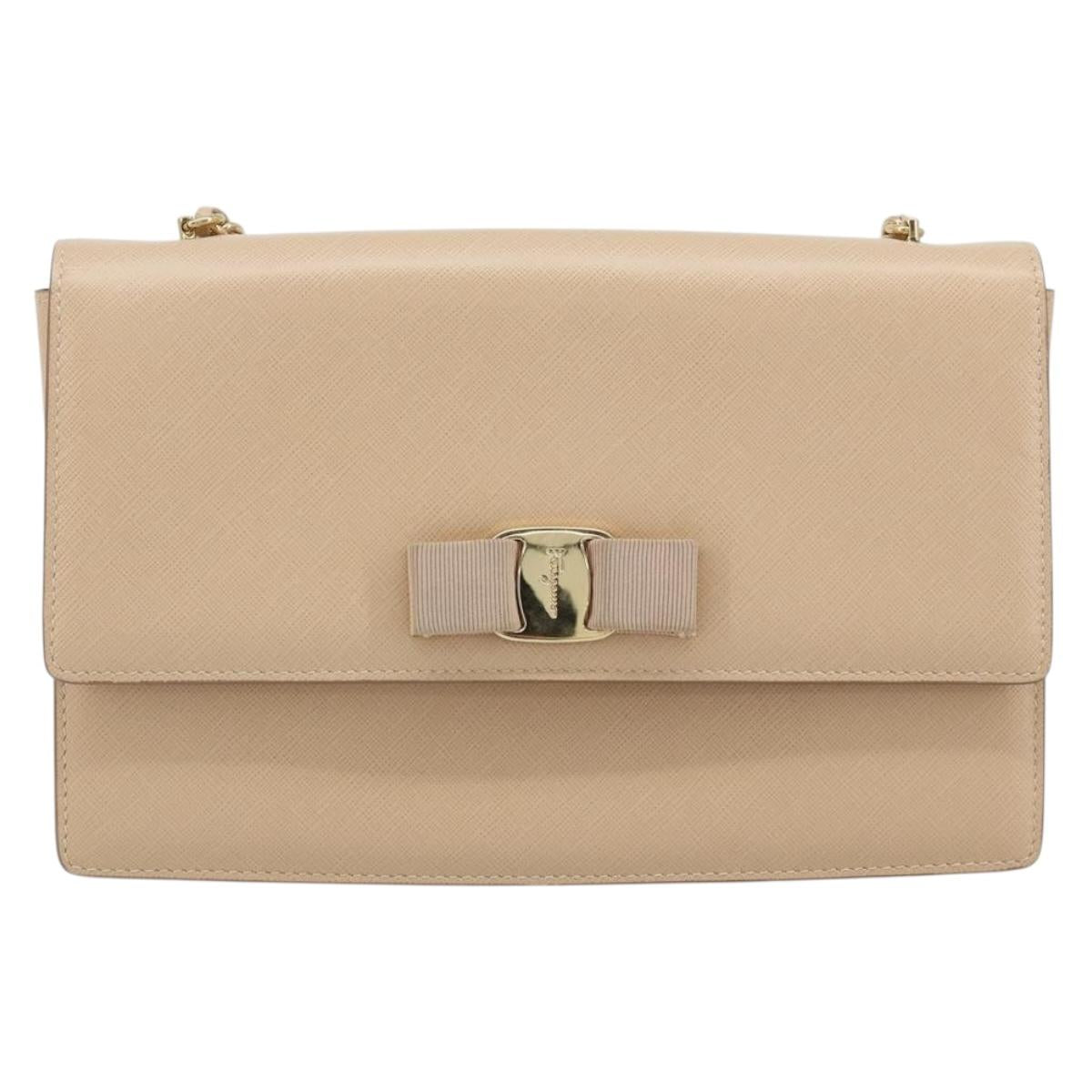 Salvatore Ferragamo Chain Shoulder Bag Leather Beige Gold Auth ki6669V