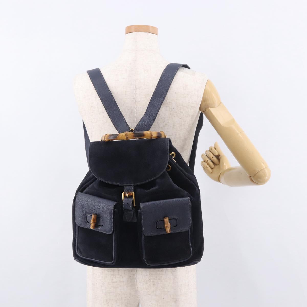 GUCCI Bamboo Backpack Suede Navy Gold 003 2058 0016 Auth ki6672A