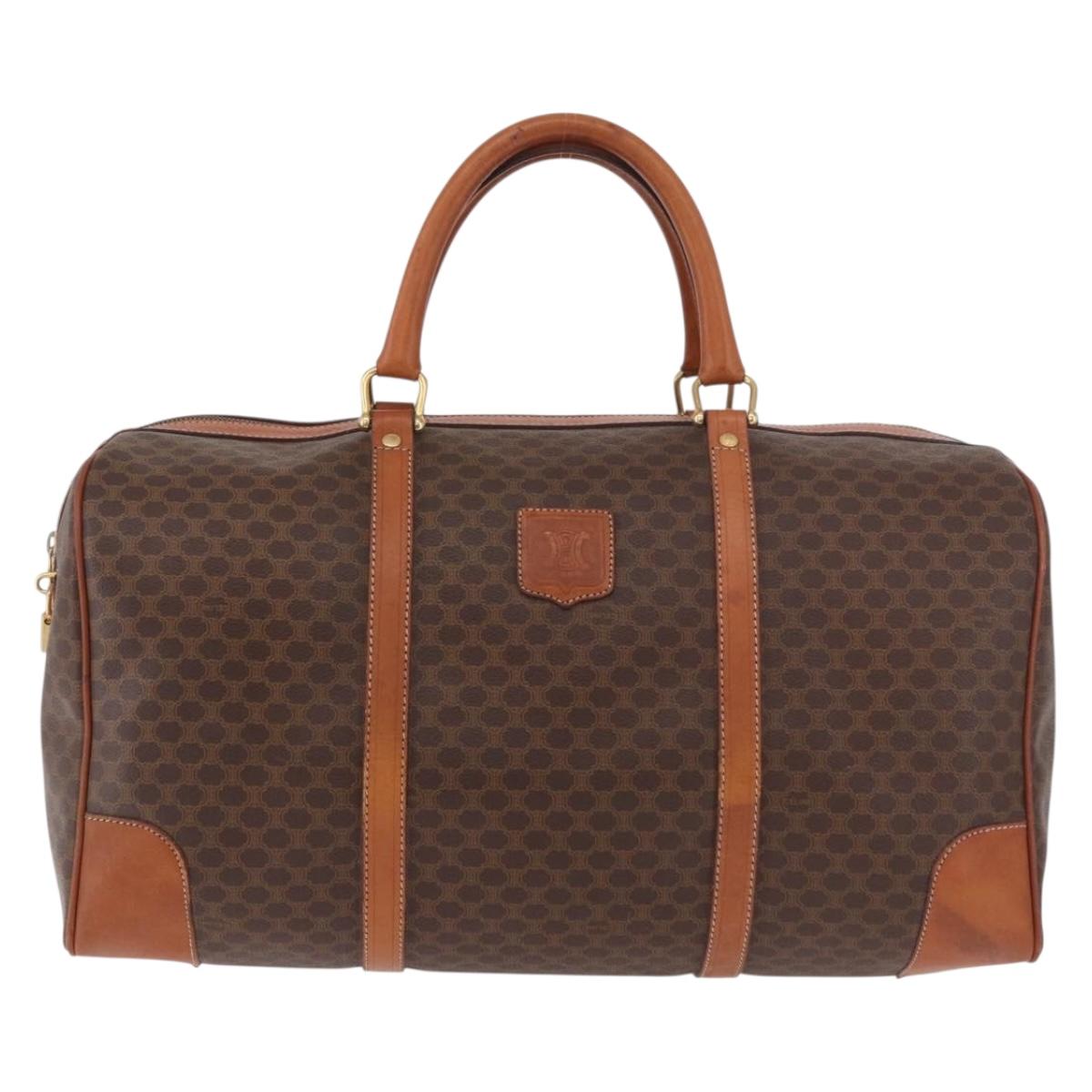 CELINE Macadam Canvas Boston Bag PVC Leather Brown Gold Auth ki6673