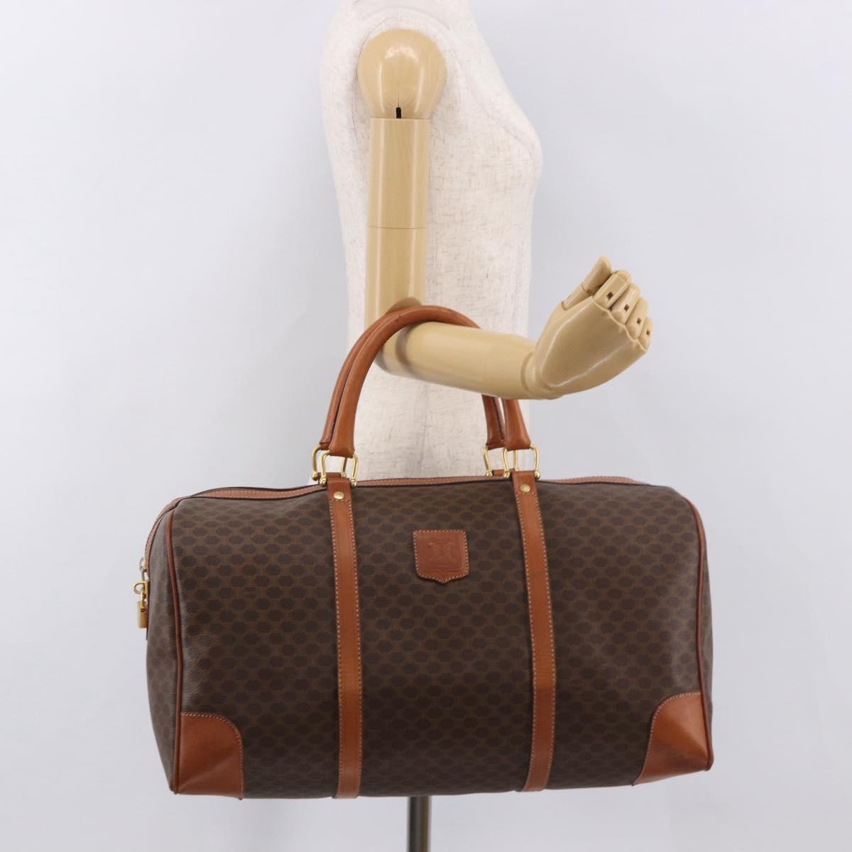 CELINE Macadam Canvas Boston Bag PVC Leather Brown Gold Auth ki6673