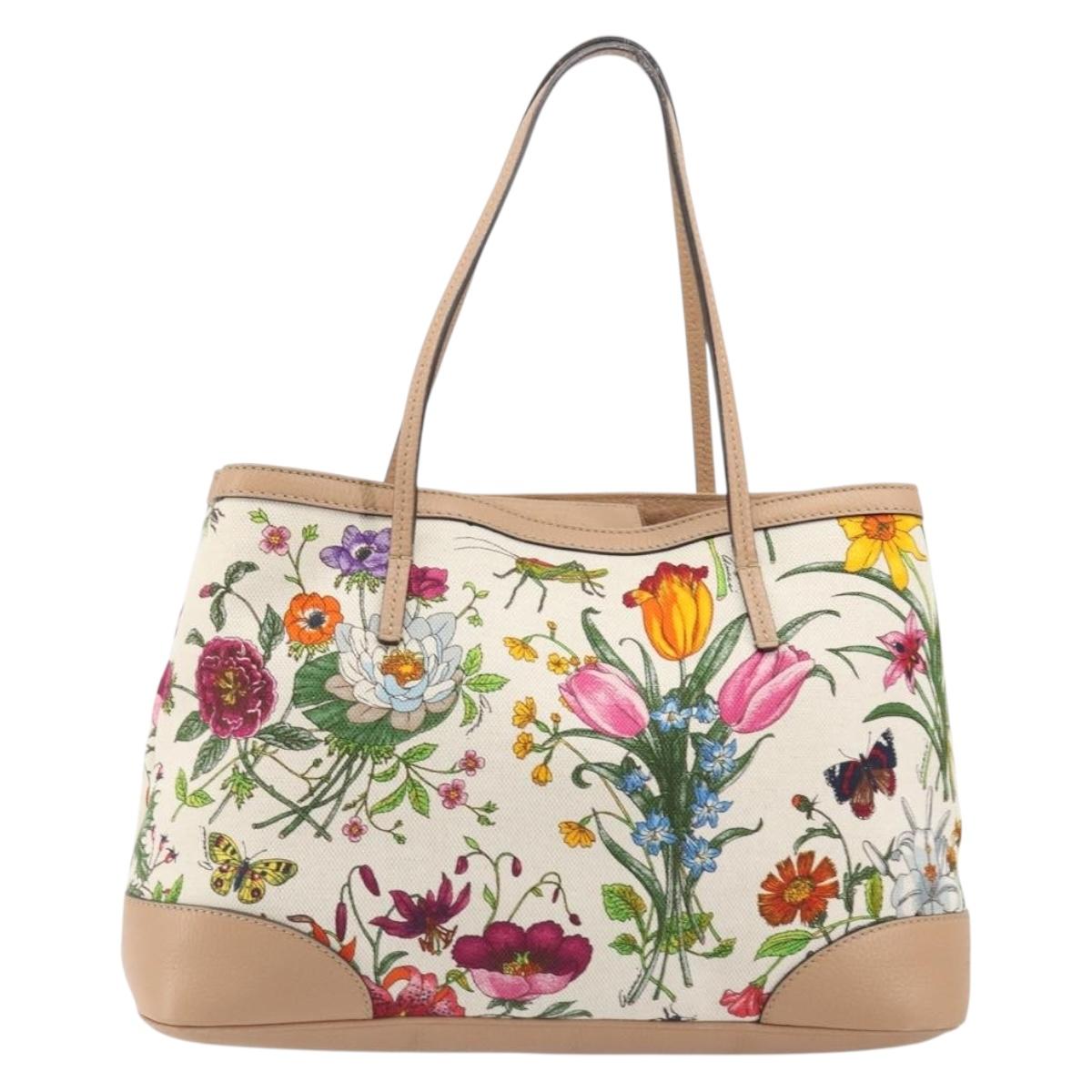 GUCCI Flora Tote Bag Canvas Beige Gold 358470 Auth ki6680V
