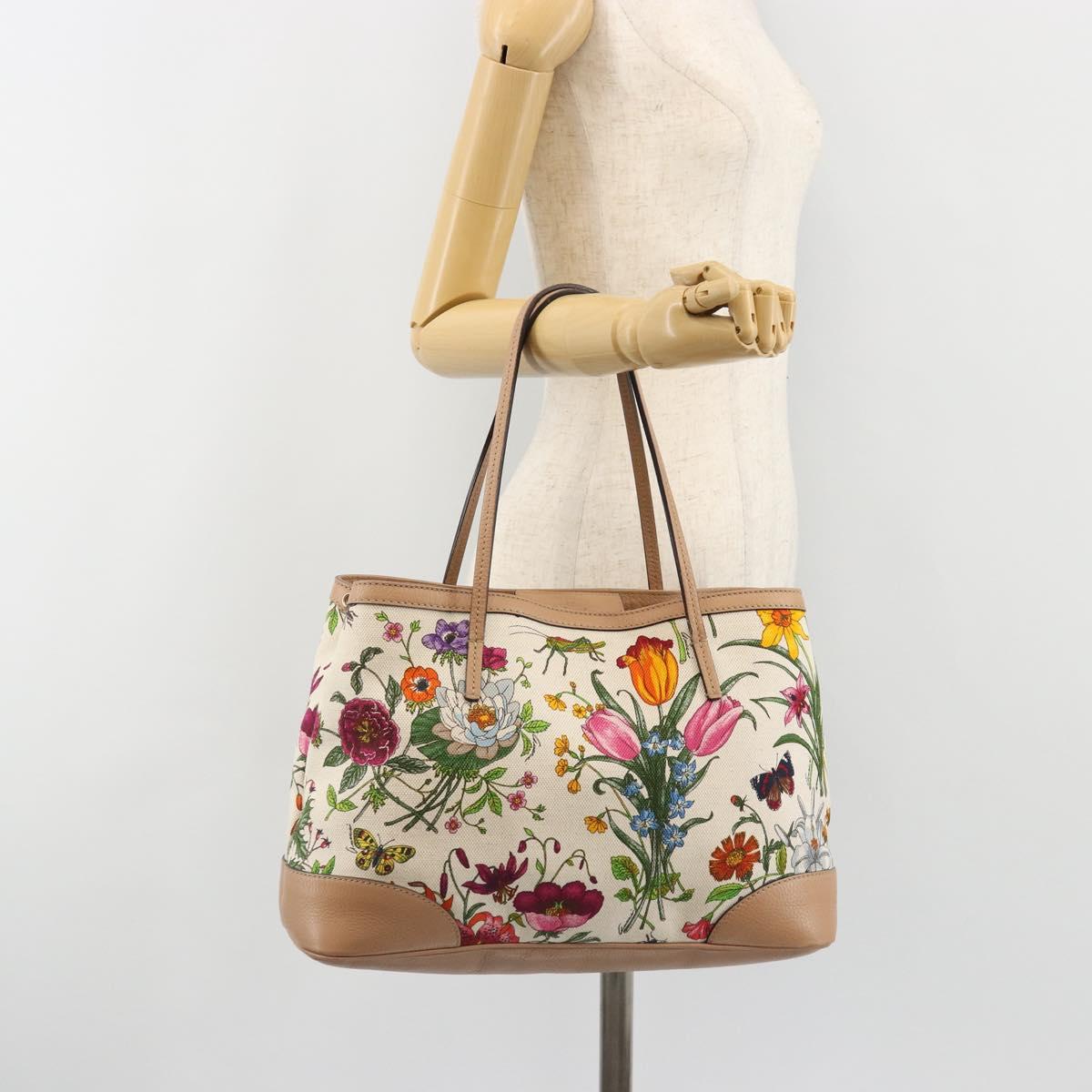 GUCCI Flora Tote Bag Canvas Beige Gold 358470 Auth ki6680V