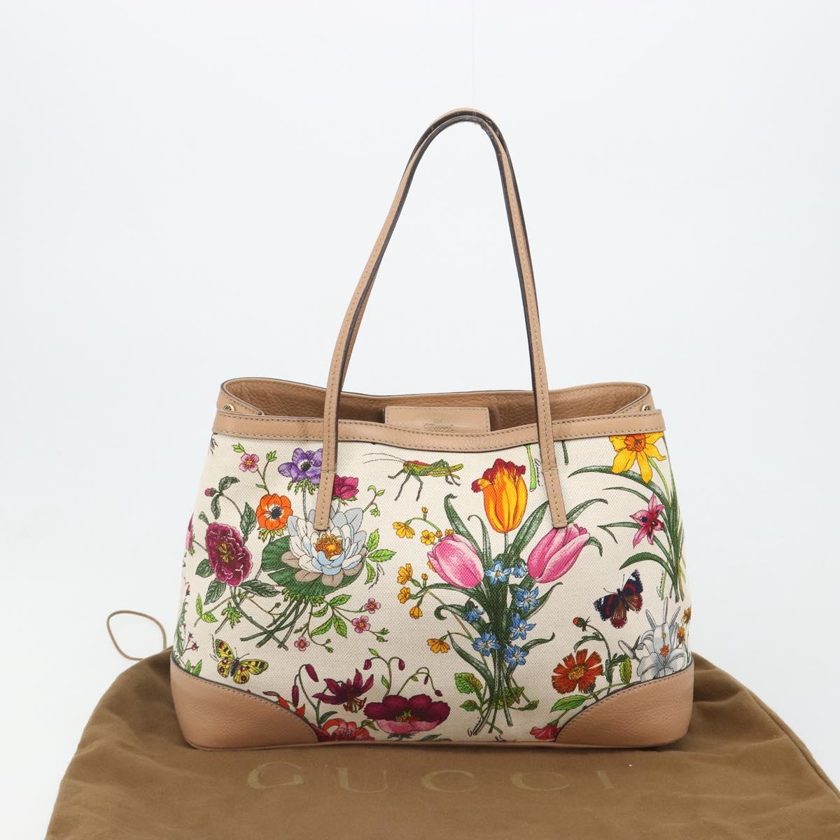 GUCCI Flora Tote Bag Canvas Beige Gold 358470 Auth ki6680V