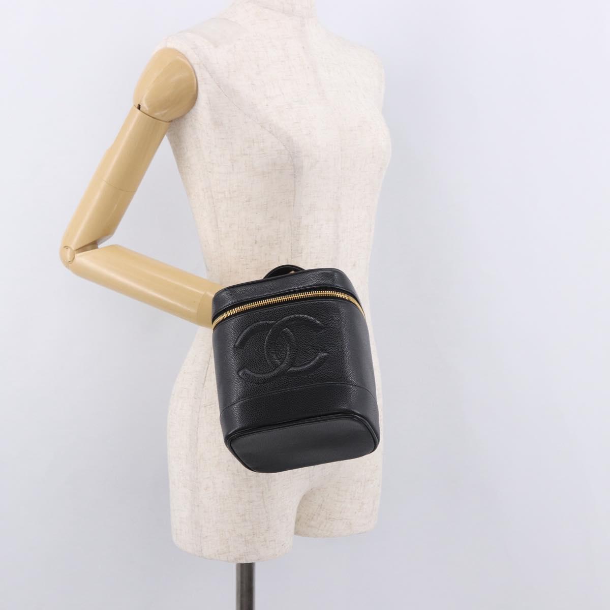CHANEL COCO Mark Vanity Hand Bag Caviar Skin Black Gold CC Auth ki6681M