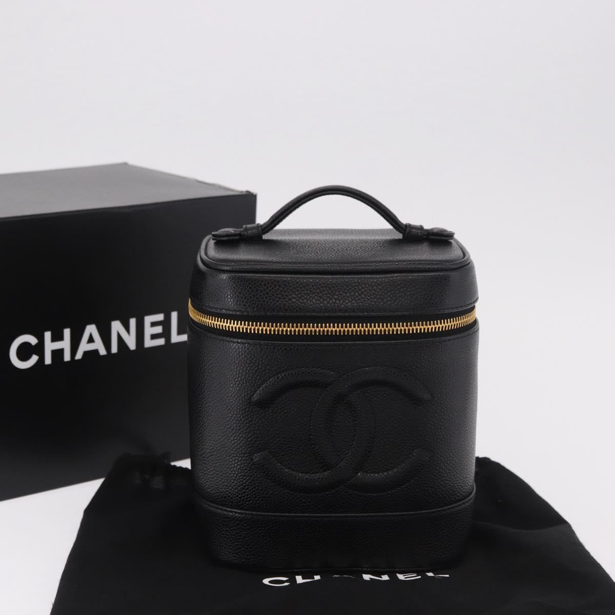 CHANEL COCO Mark Vanity Hand Bag Caviar Skin Black Gold CC Auth ki6681M