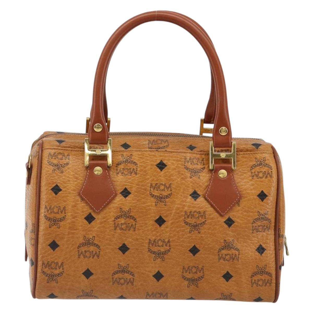 MCM Vicetos Logogram Mini Boston Bag PVC Leather Brown Gold Auth ki6685