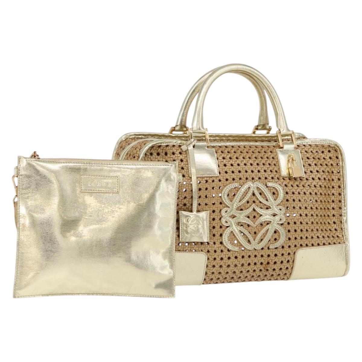 LOEWE Amazonas Hand Bag Rattan Gold Beige Auth ki6694M