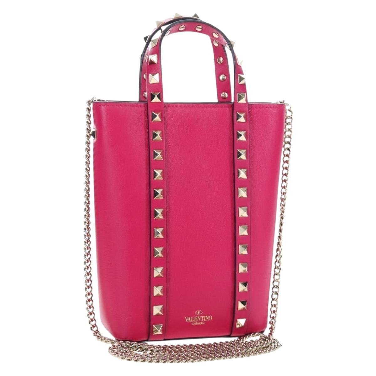 VALENTINO Hand Bag Leather 2way Pink Gold Tone Auth ki6698V