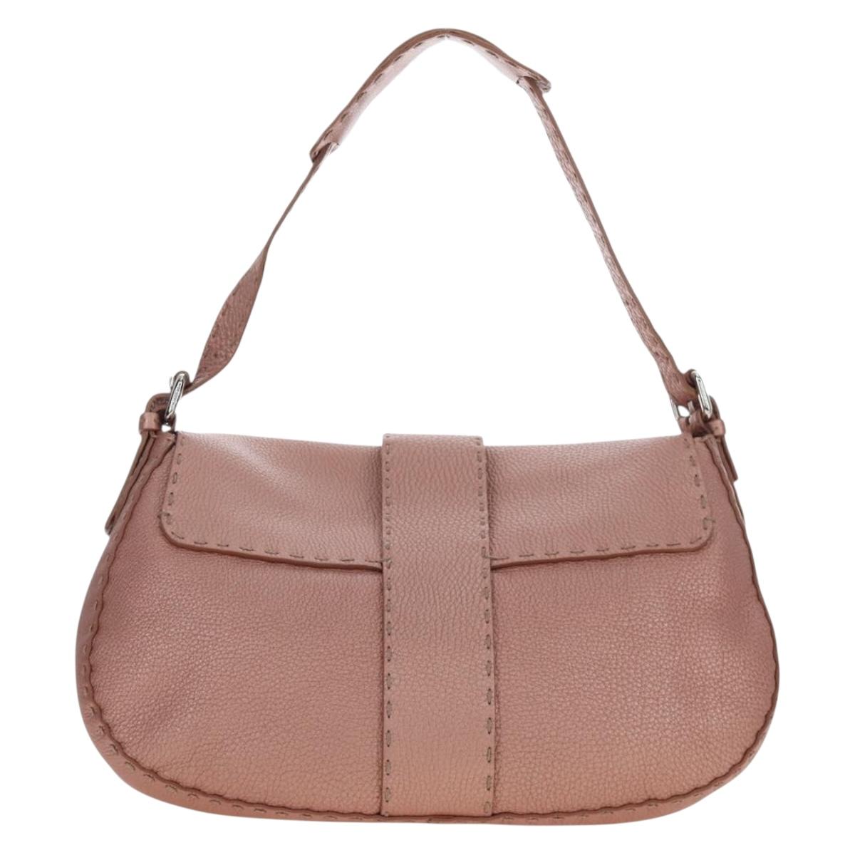FENDI Celeria Baguette Shoulder Bag Leather Pink Silver Auth ki6700V