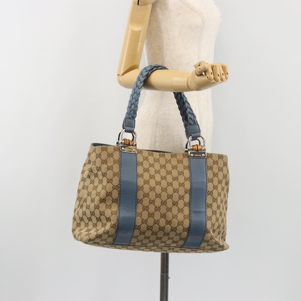 GUCCI GG Canvas Bamboo Tote Bag Blue Beige 232947 Auth ki6706A