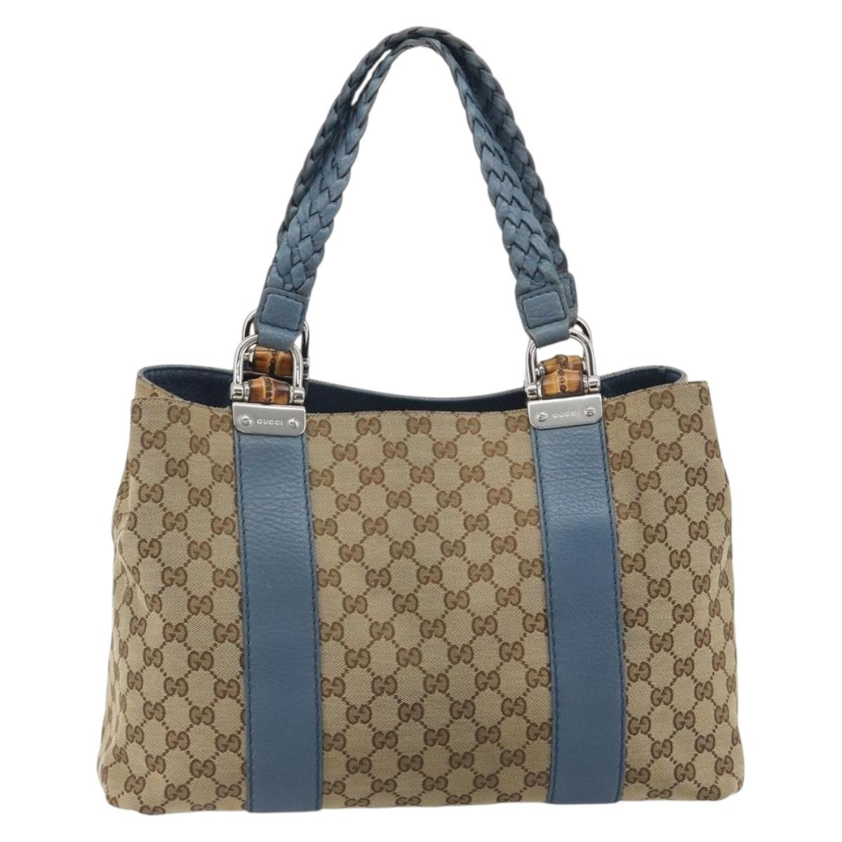 GUCCI GG Canvas Bamboo Tote Bag Blue Beige 232947 Auth ki6706A