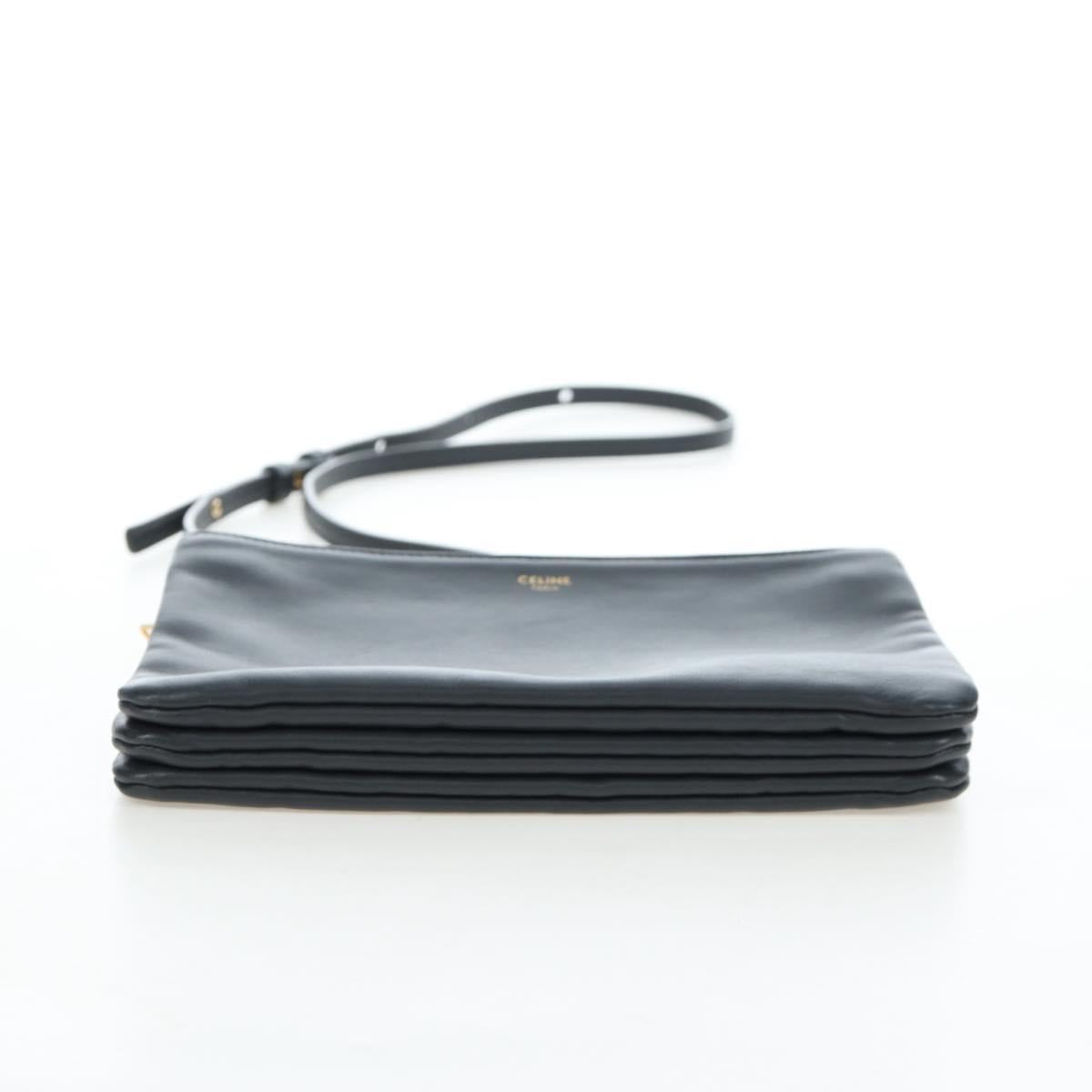 CELINE Trio Small Shoulder Bag Leather Gray Gold Tone Auth ki6708V