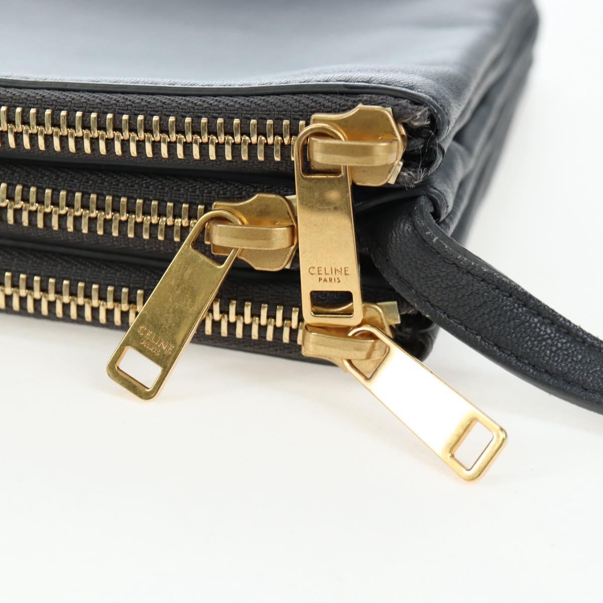 CELINE Trio Small Shoulder Bag Leather Gray Gold Tone Auth ki6708V