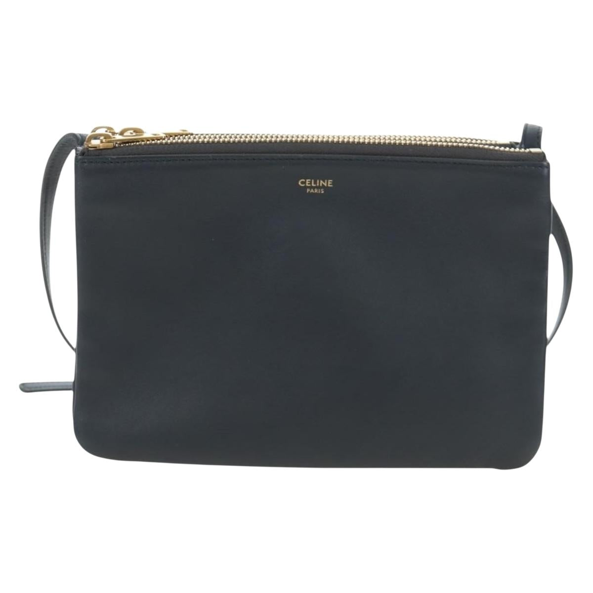 CELINE Trio Small Shoulder Bag Leather Gray Gold Tone Auth ki6708V