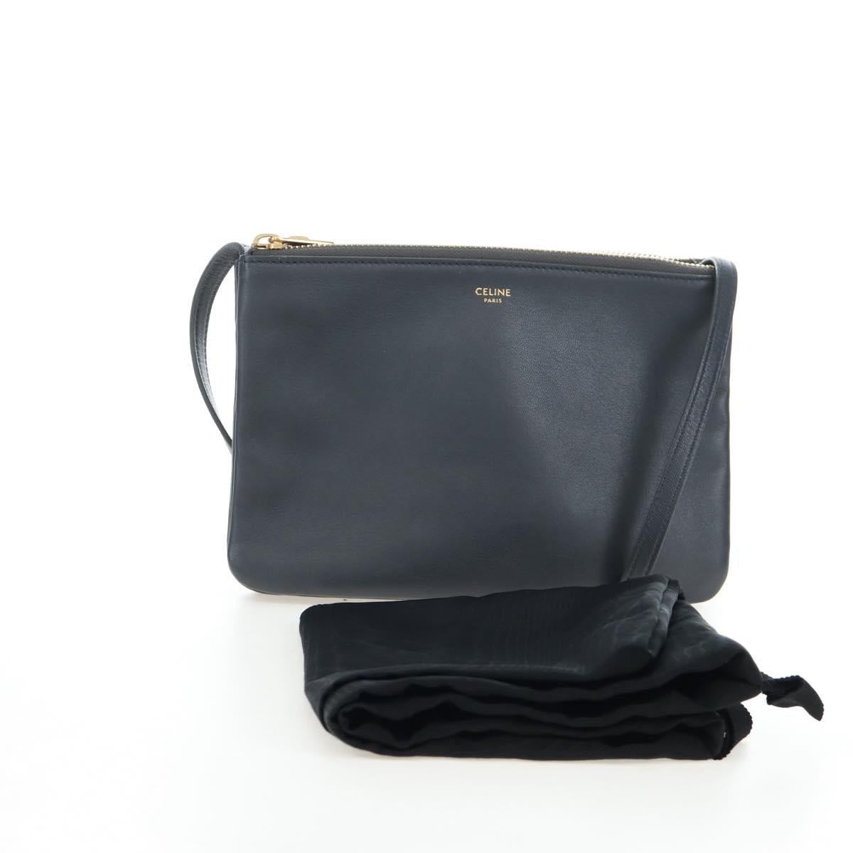 CELINE Trio Small Shoulder Bag Leather Gray Gold Tone Auth ki6708V