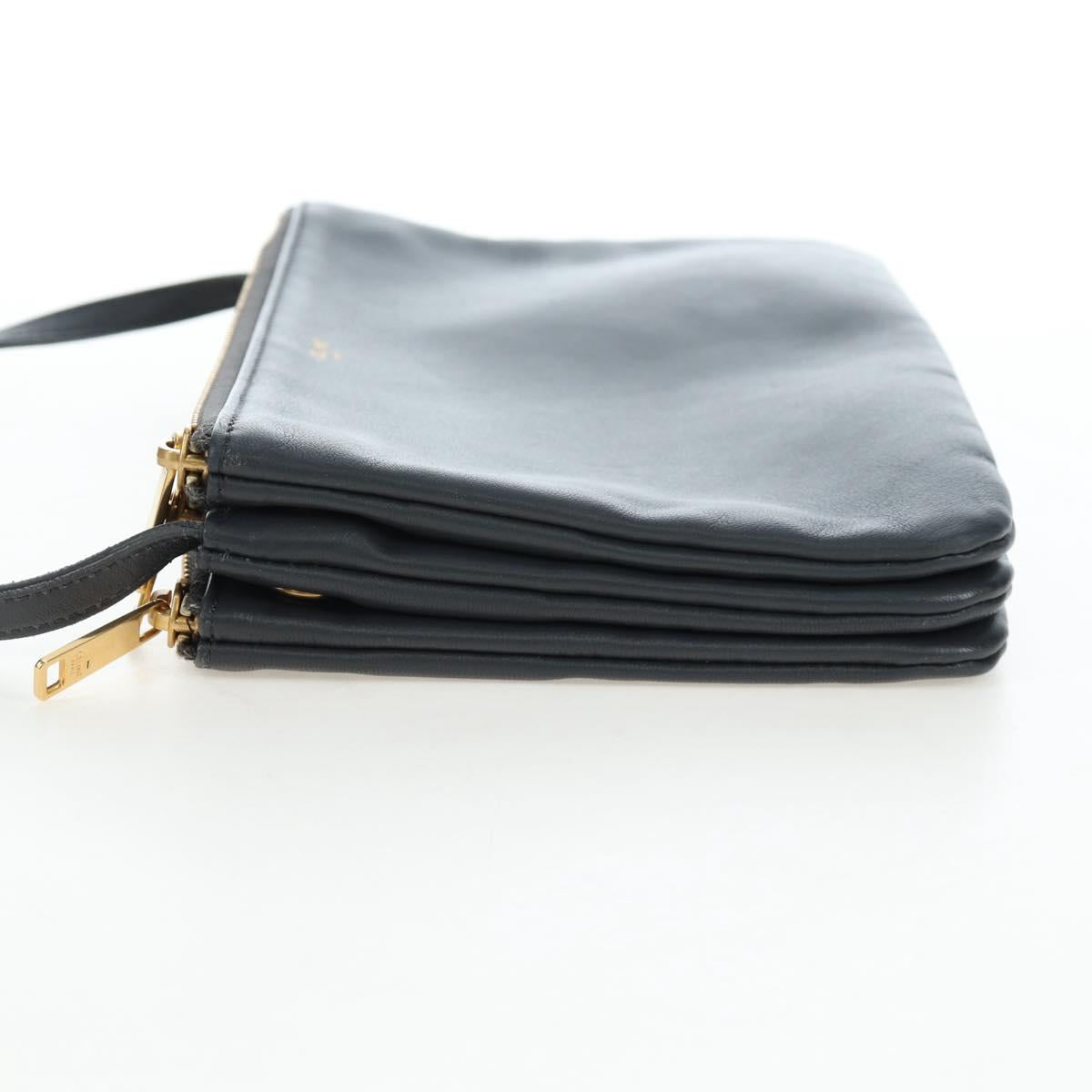 CELINE Trio Small Shoulder Bag Leather Gray Gold Tone Auth ki6708V