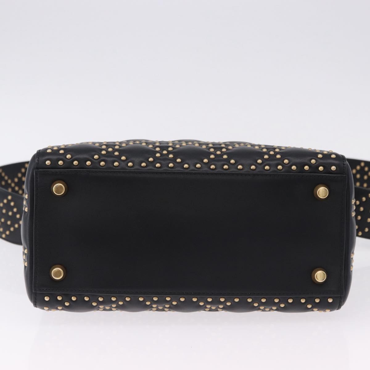 Christian Dior Lady Dior Studs Hand Bag Leather 2way Black Gold Auth ki6712M