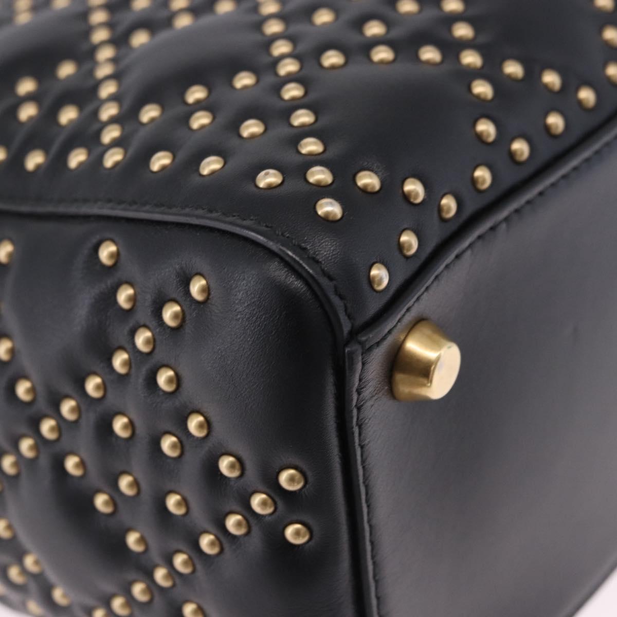 Christian Dior Lady Dior Studs Hand Bag Leather 2way Black Gold Auth ki6712M