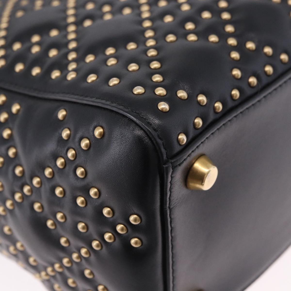 Christian Dior Lady Dior Studs Hand Bag Leather 2way Black Gold Auth ki6712M