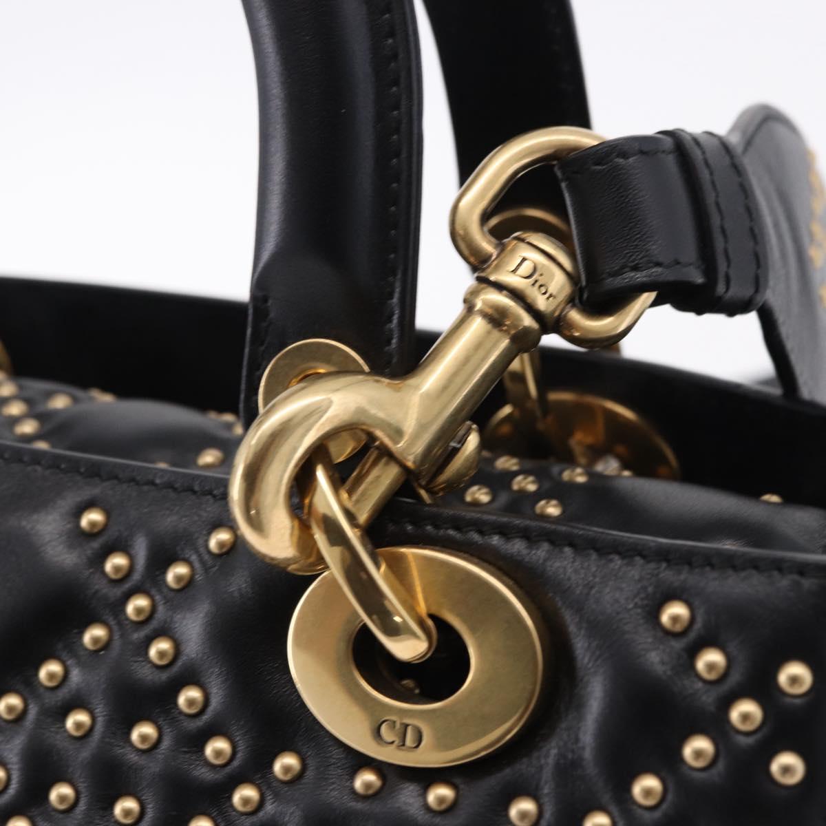 Christian Dior Lady Dior Studs Hand Bag Leather 2way Black Gold Auth ki6712M