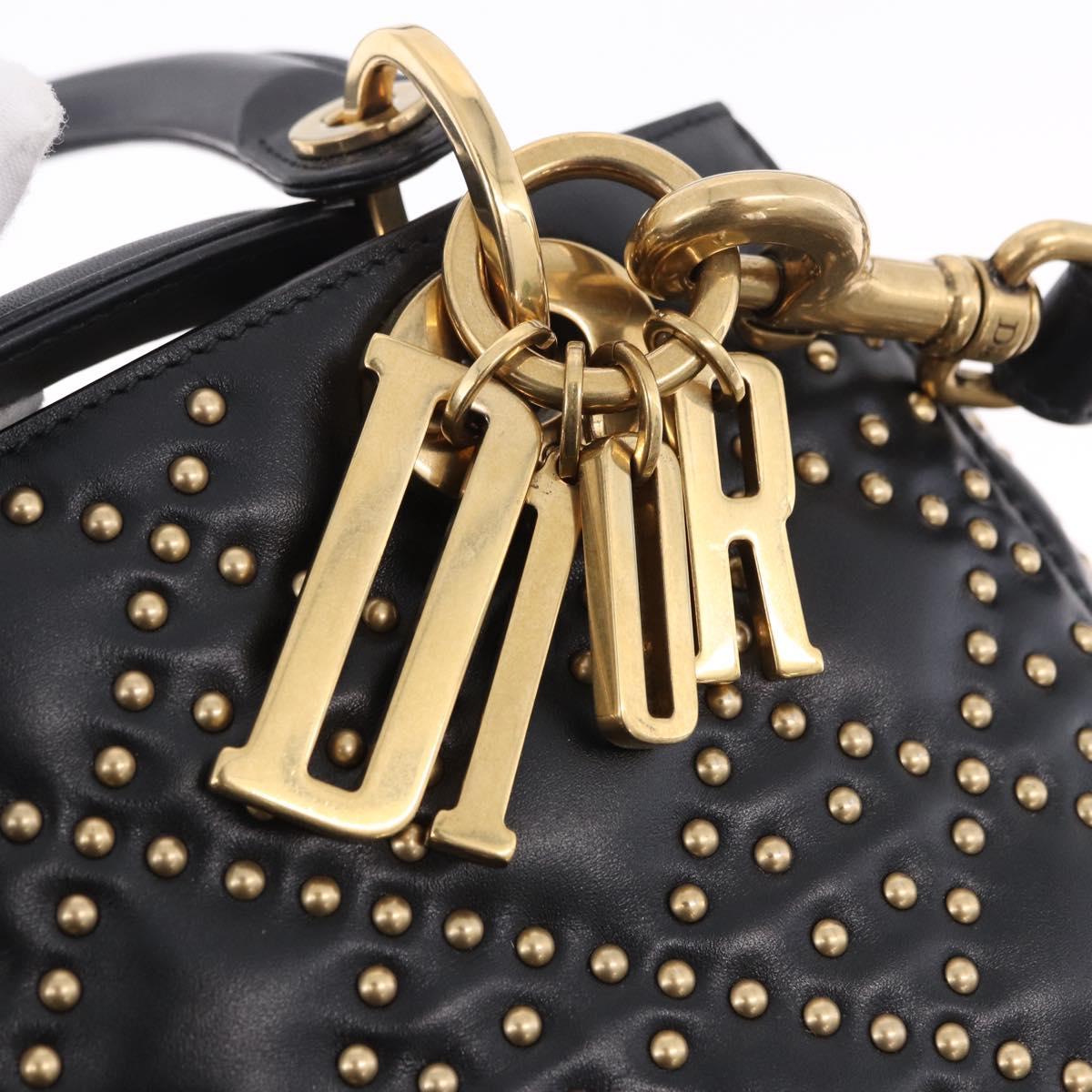 Christian Dior Lady Dior Studs Hand Bag Leather 2way Black Gold Auth ki6712M