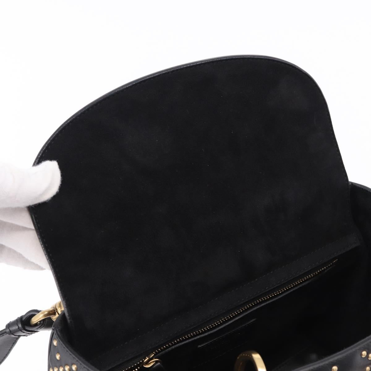 Christian Dior Lady Dior Studs Hand Bag Leather 2way Black Gold Auth ki6712M