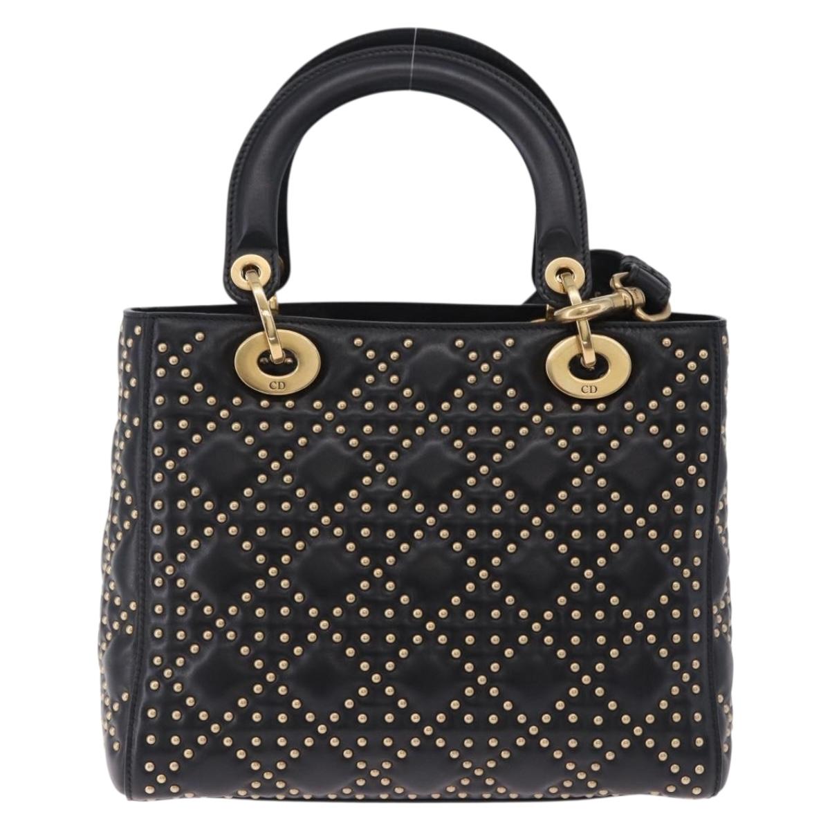 Christian Dior Lady Dior Studs Hand Bag Leather 2way Black Gold Auth ki6712M